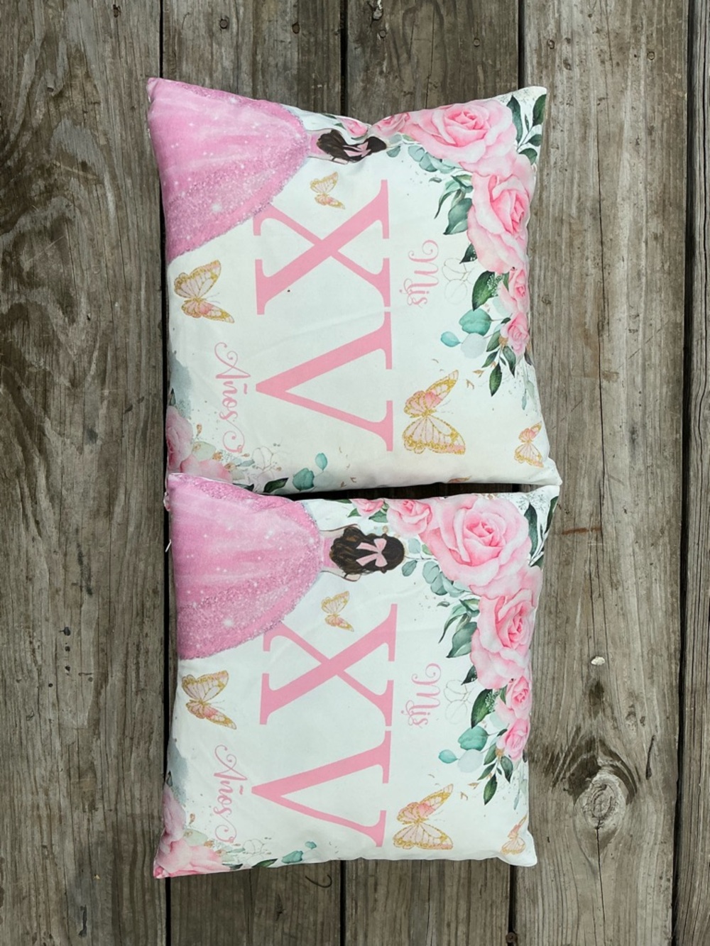 Pink, White, Gold, And Green Quinceañera Pillow Set